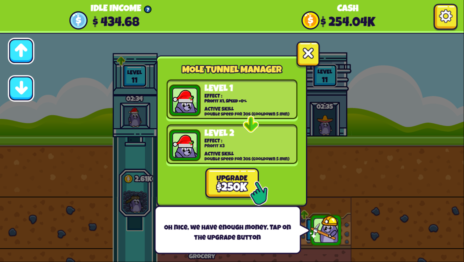 Idle Mole Empire Game Upgrade Manager Screenshot.