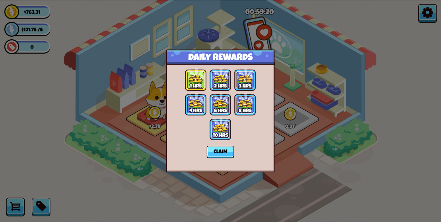 Idle Pet Business Game Daily Rewards Screen Screenshot.