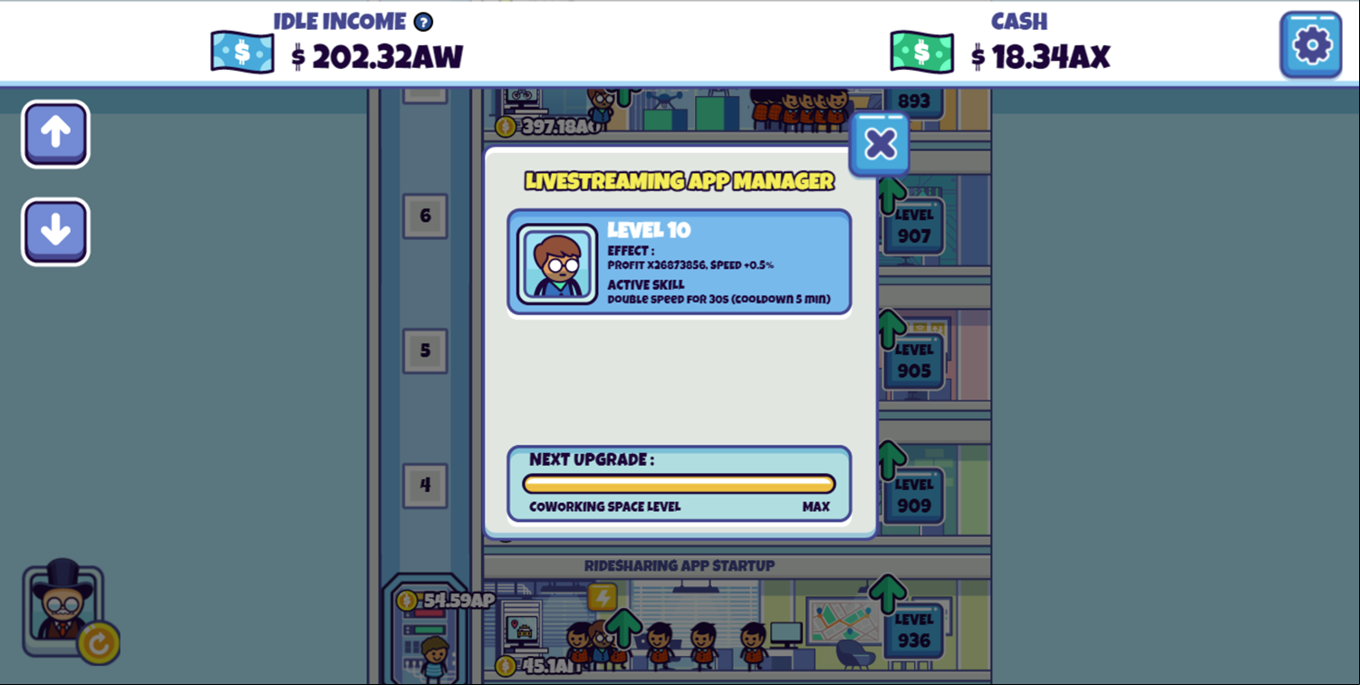 Idle Startup Tycoon Game Floor Manager Fully Upgraded Screen Screenshot.