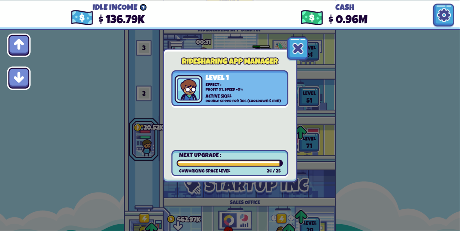 Idle Startup Tycoon Game Manager Upgrade Progress Screen Screenshot.