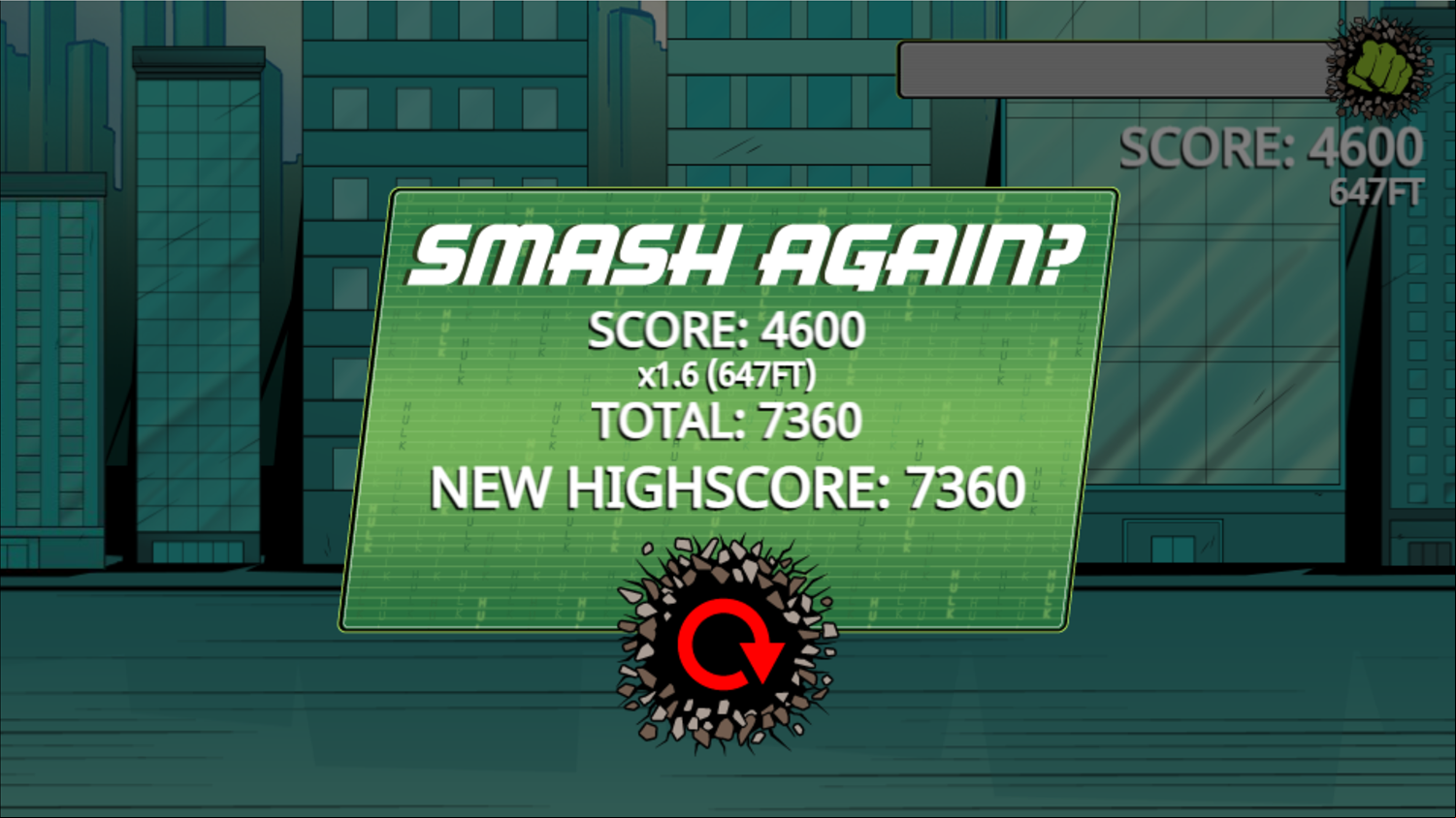 Incredible Hulk Chitauri Takedown Game Over Screenshot.