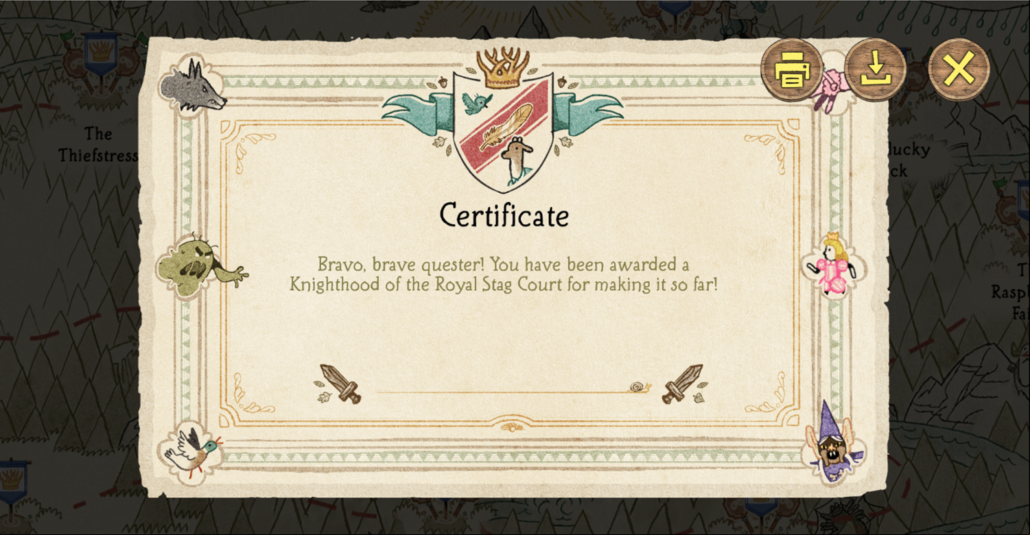 The Heroic Quest of the Valiant Prince Ivandoe Game Certificate Screenshot.