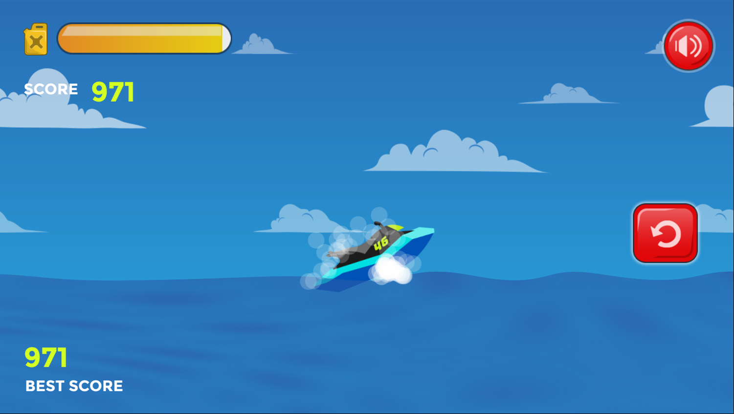 Jet Ski Runner Game Over Screen Screenshot.
