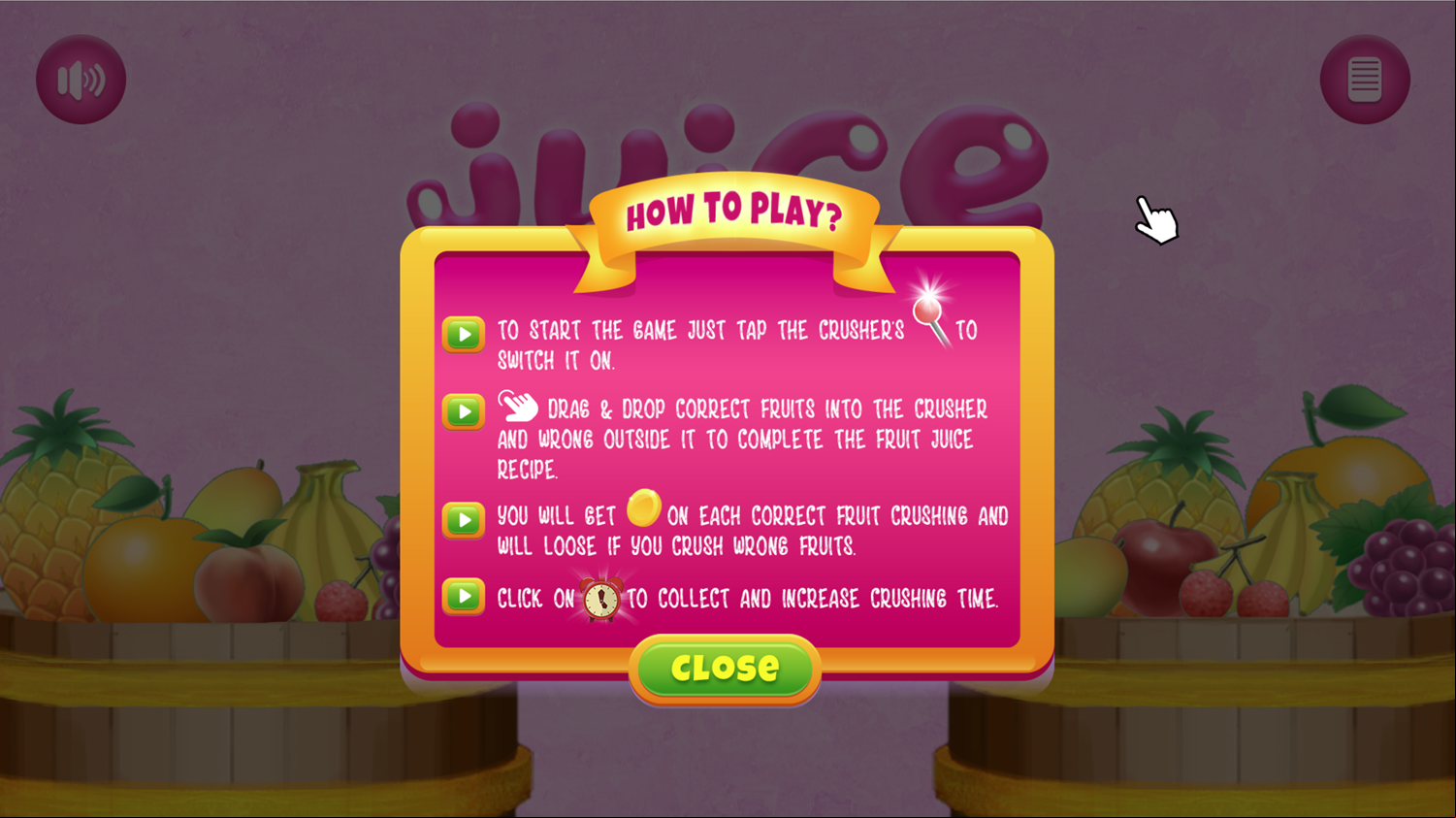 Juice Crusher Game How to Play Screen Screenshot.