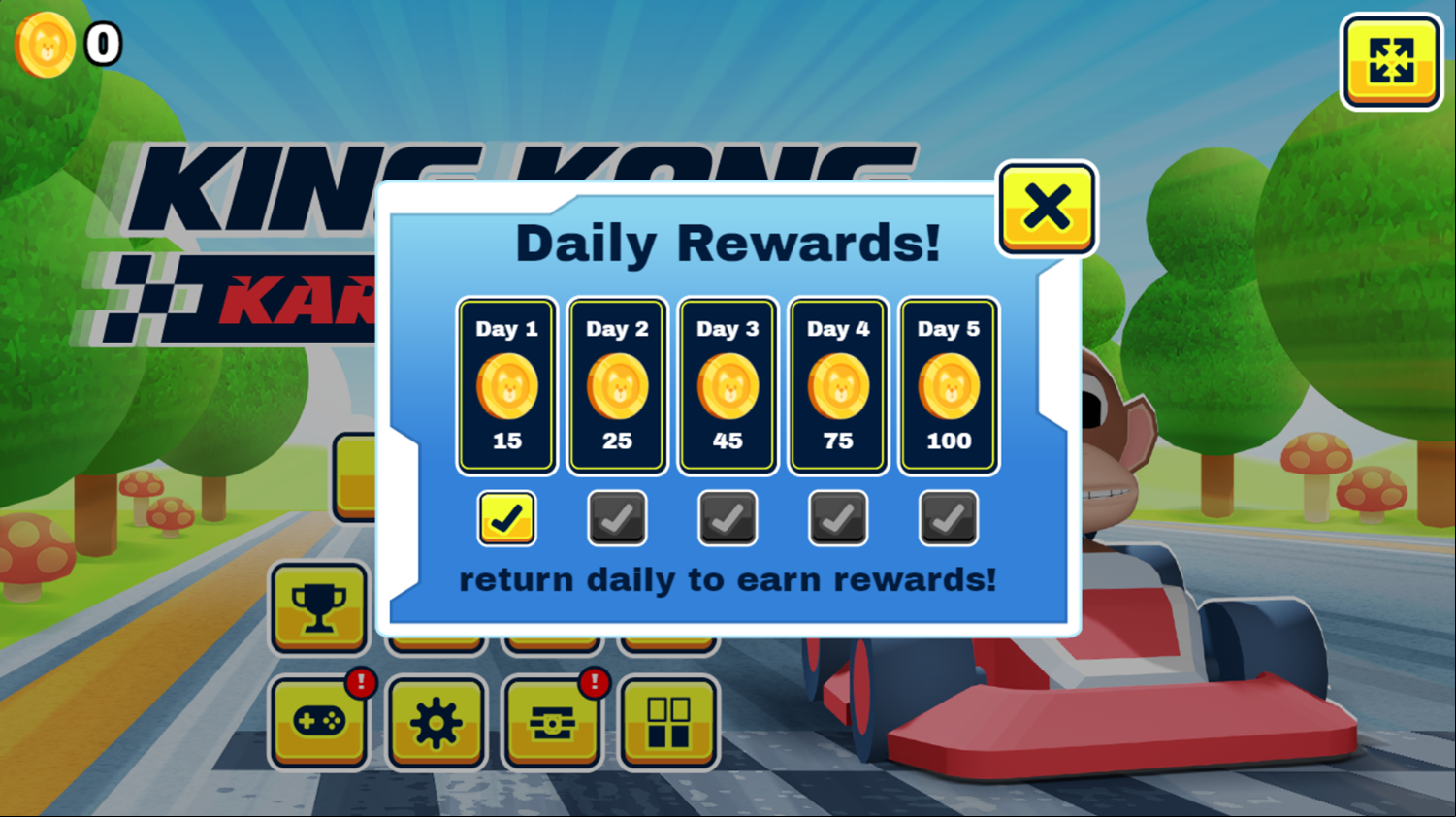 King Kong Kart Racing Game Daily Rewards Screenshot.