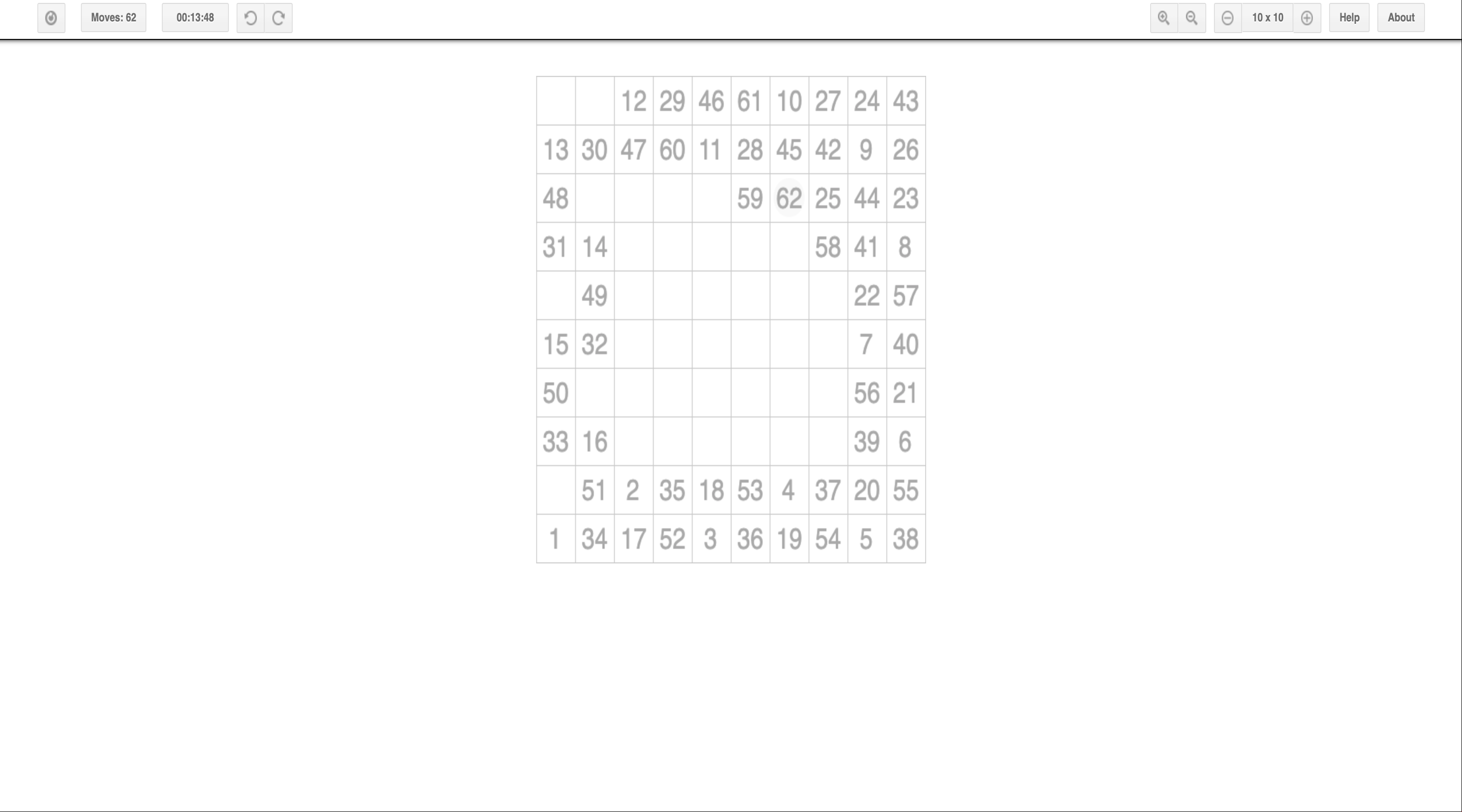 Knights Tour Starting Grid Screenshot.