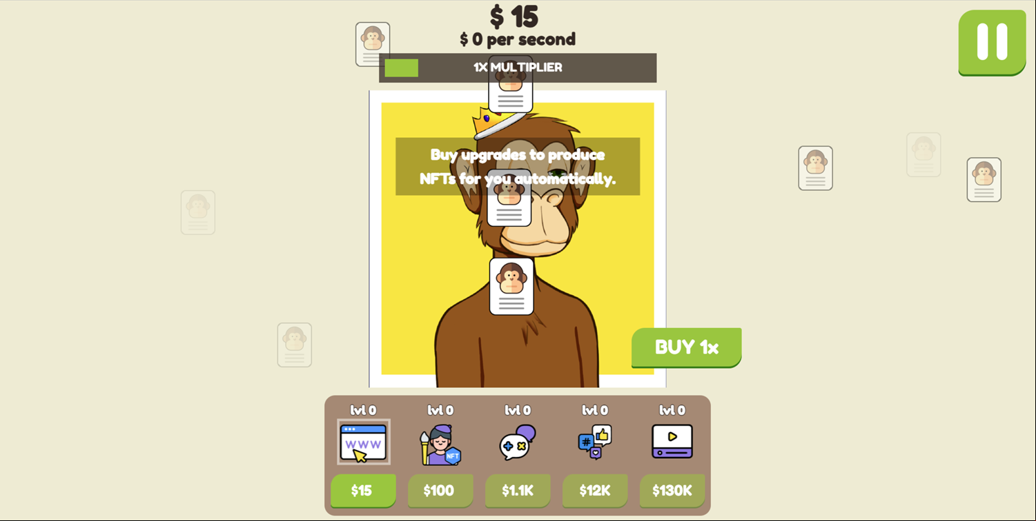 Lit Ape NFT Generator Game Buy Upgrades to Produce Automatic NFTs Screenshot.