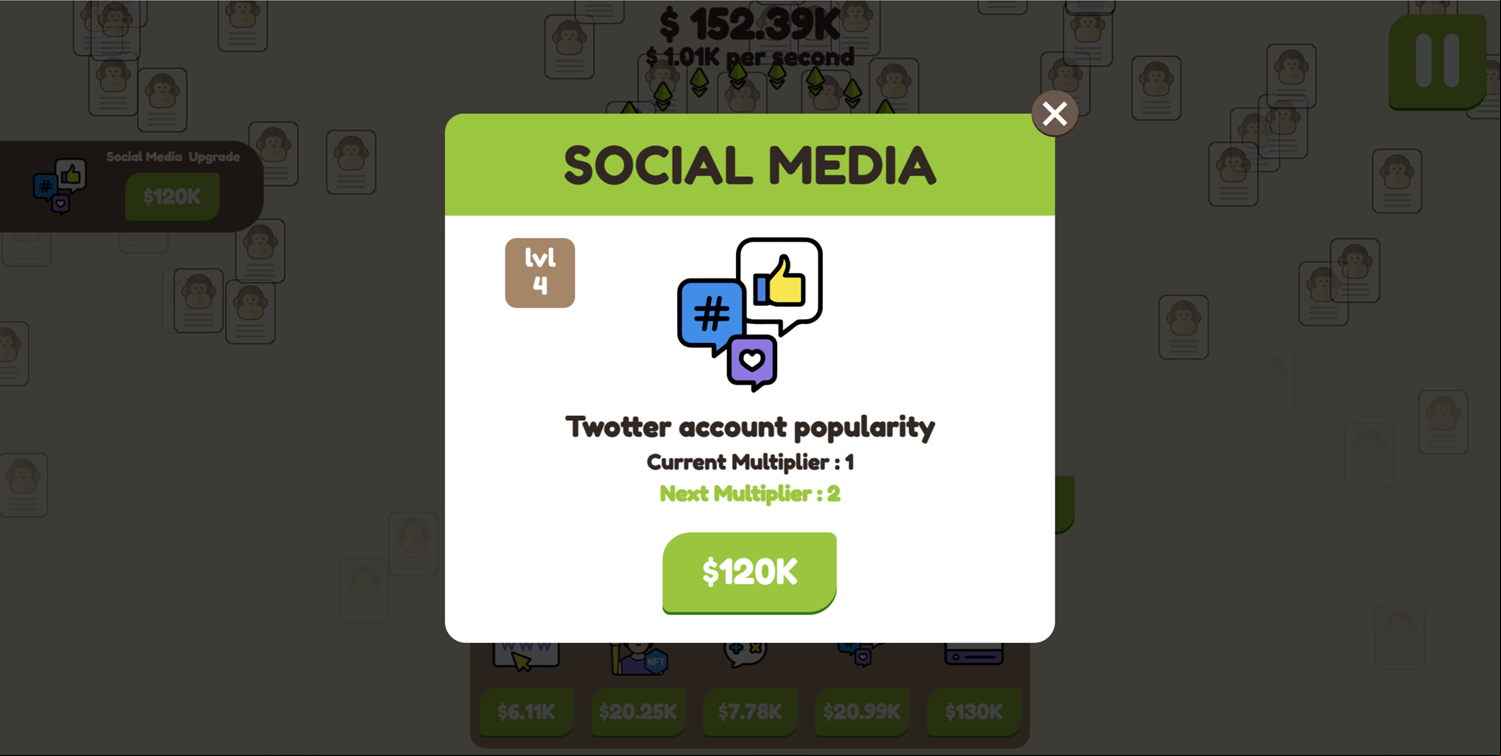 Lit Ape NFT Generator Game Social Media Upgrade Screen Screenshot.