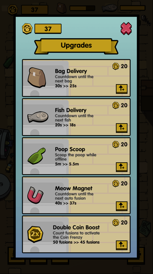 Meowfia Evolution Game Upgrades Screen Screenshot.