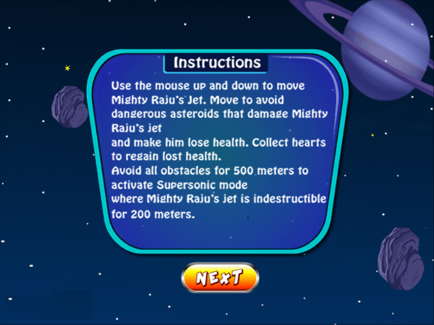 Mighty Raju and His Space Adventure Game Instructions Screenshot.