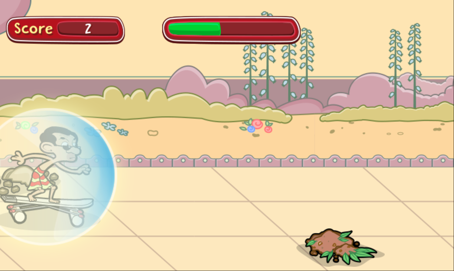 Mr. Bean's Bean Skidding Skateboarding Game Screenshot.