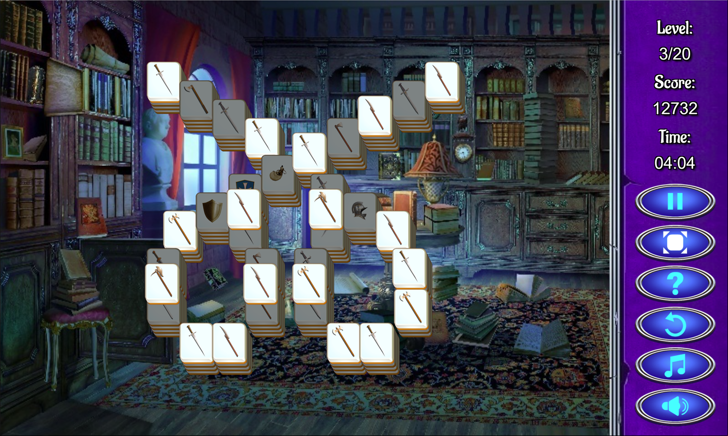 Mysterious Mahjong Game Medieval Weaponry Tiles Screenshot.