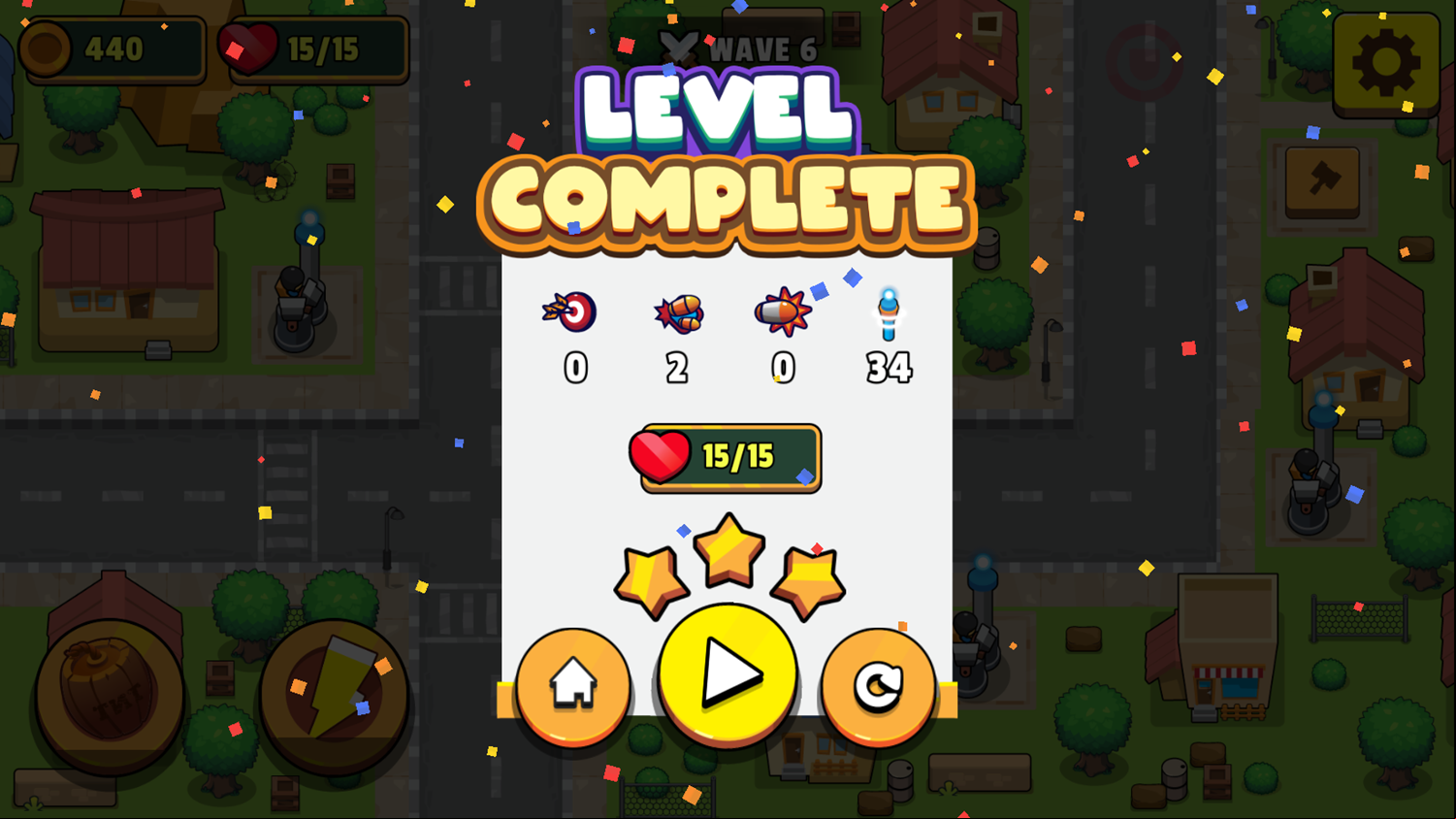 Neighborhood Defense Game Level Complete Screen Screenshot.
