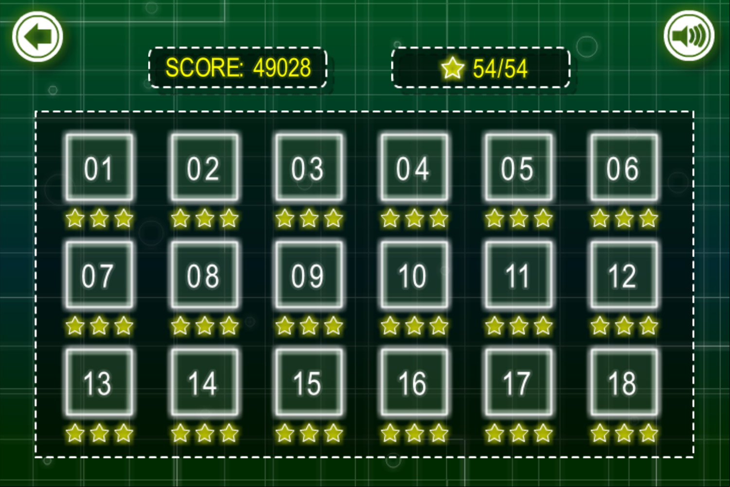 Neon Ball Game Level Select Screen Screenshot.