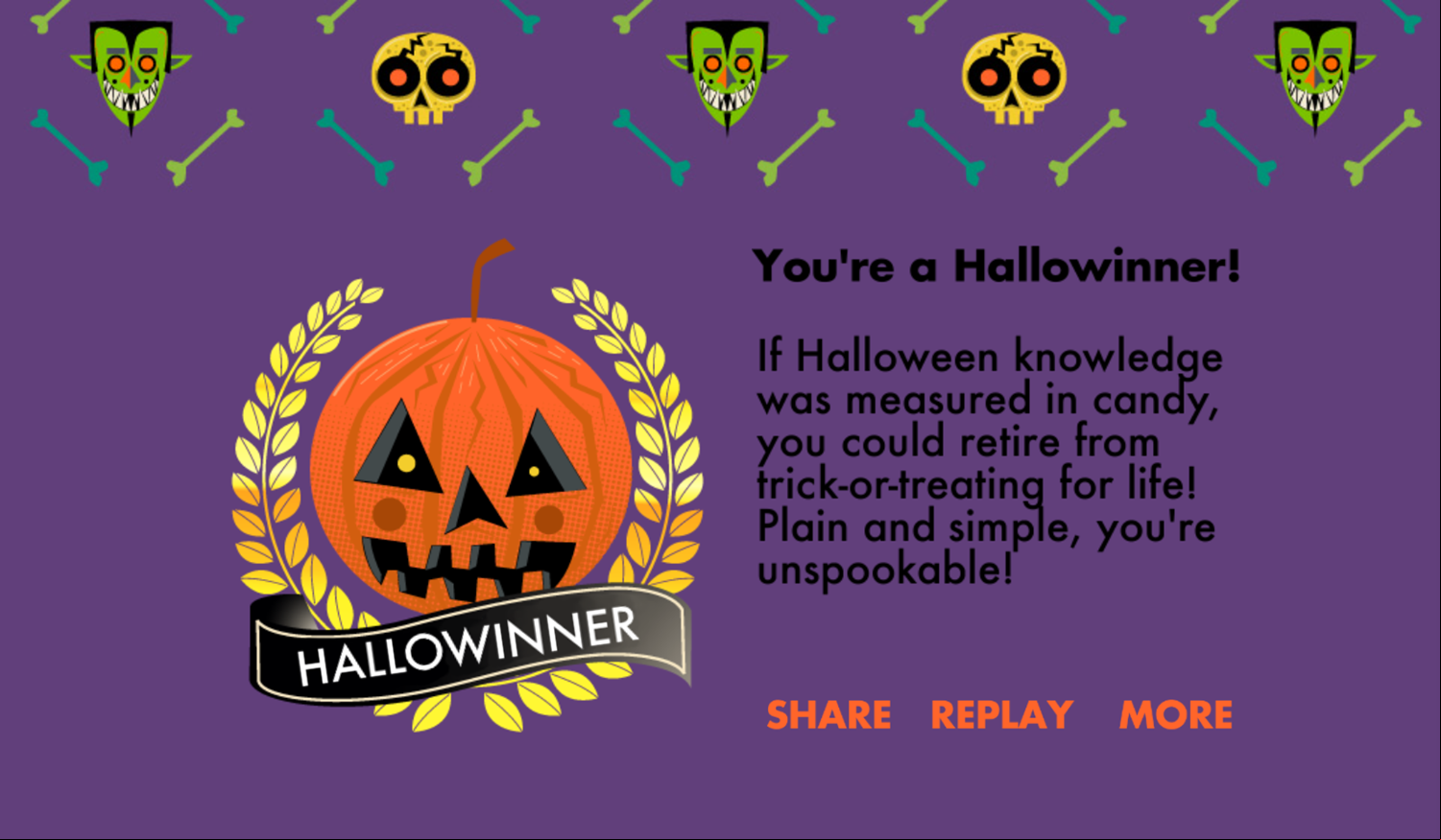 Nick Halloween Spooky Trivia Game Result Screenshot.
