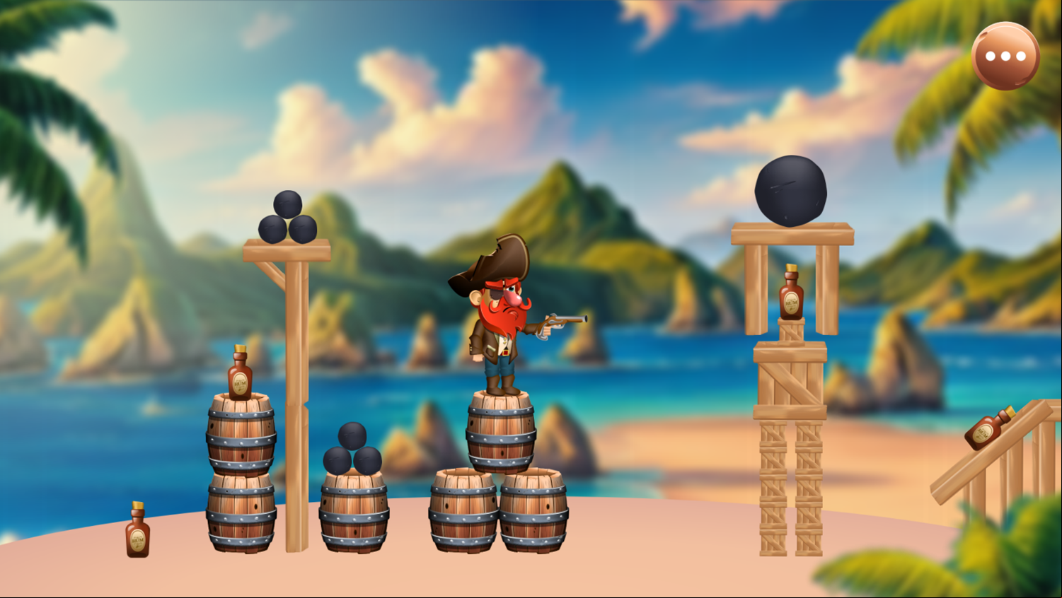 No More Rum Game Level Where You Use a Rock to Knock Over a Tower Screenshot.