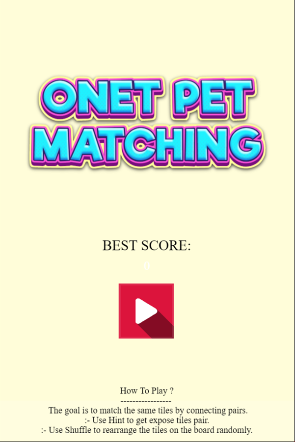 Onet Pet Matching Game Welcome Screen Screenshot.