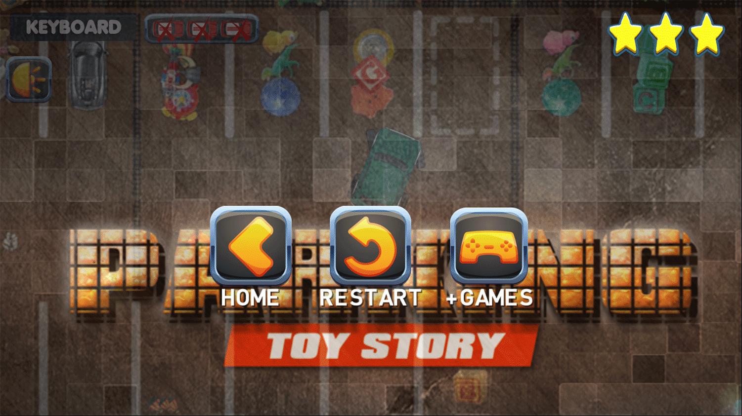 Parking Toy Story Game Over Screenshot.