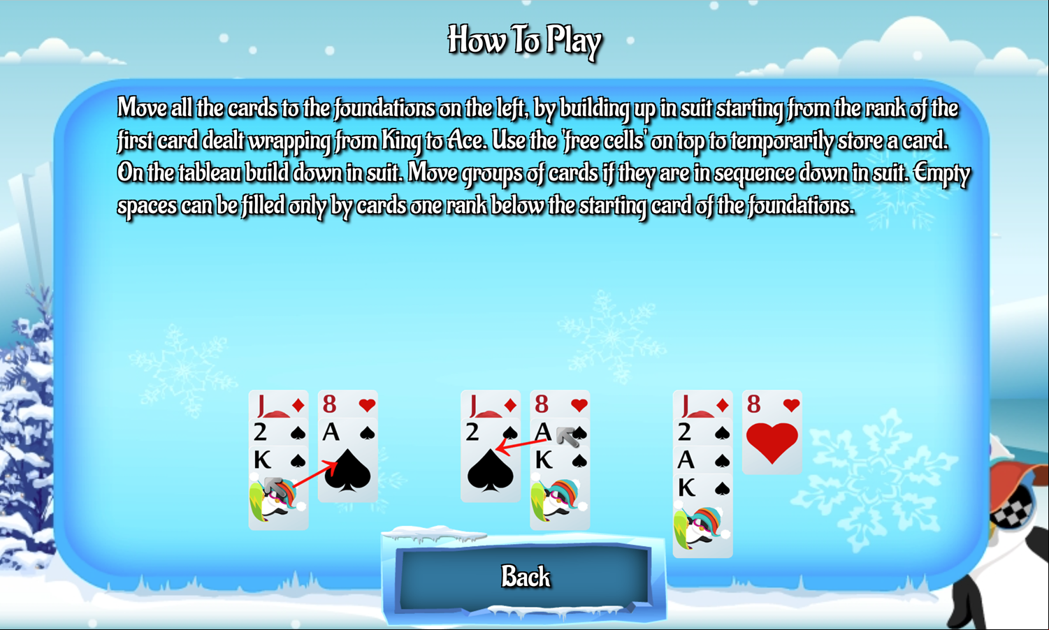 Penguin Solitaire Game How to Play Screen Screenshot.