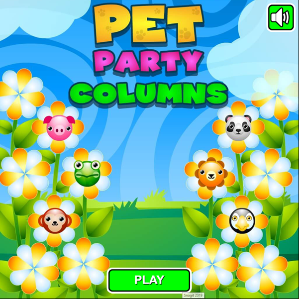 Pet Party Columns Game Welcome Screen Screenshot.