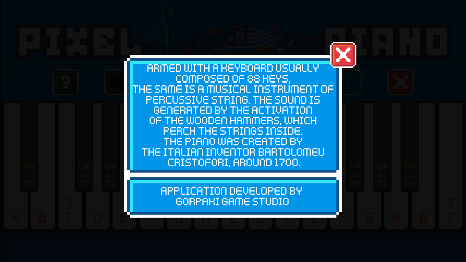 Pixel Piano Background About the Piano Screenshot.