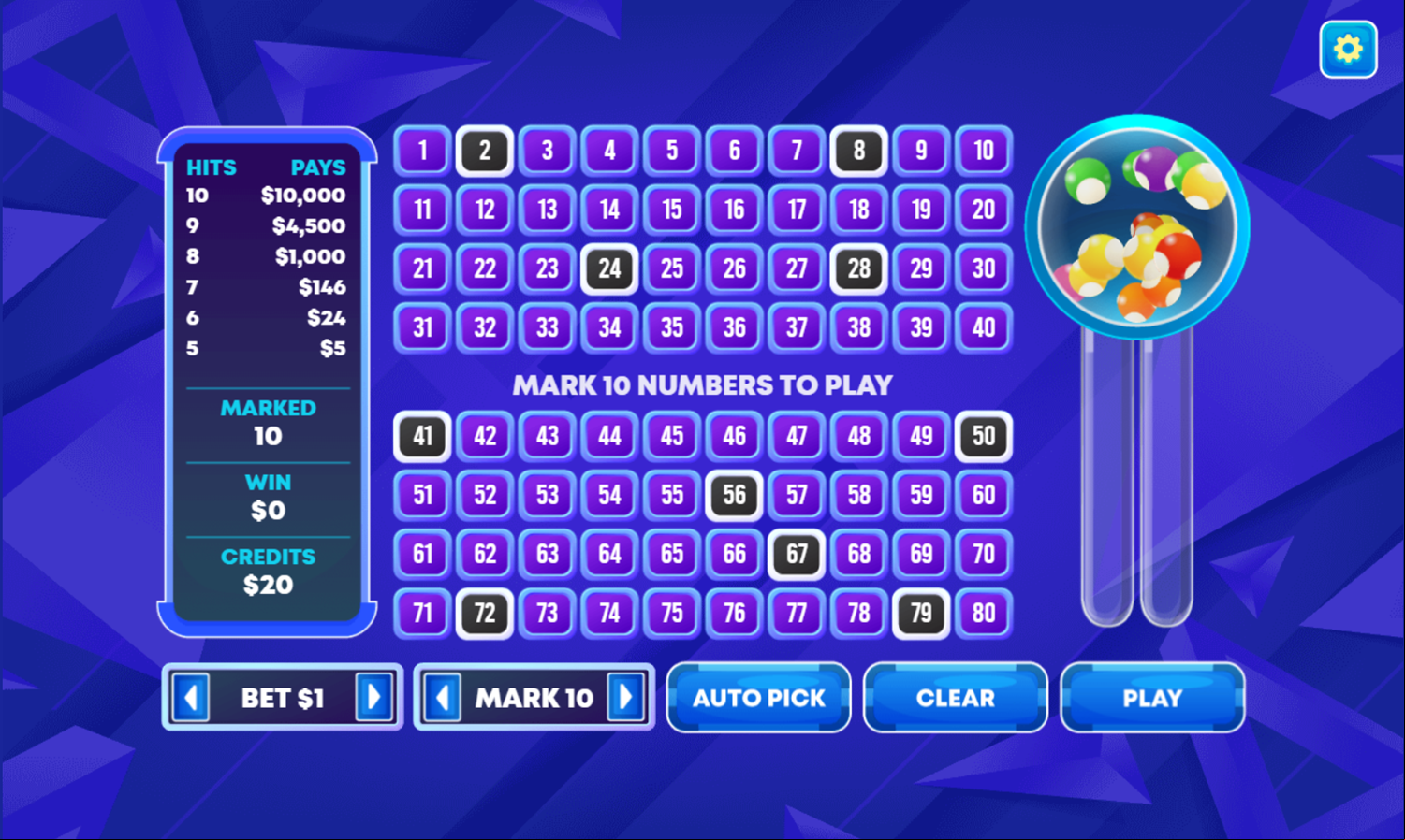 Power Keno Game Mark Numbers Screenshot.
