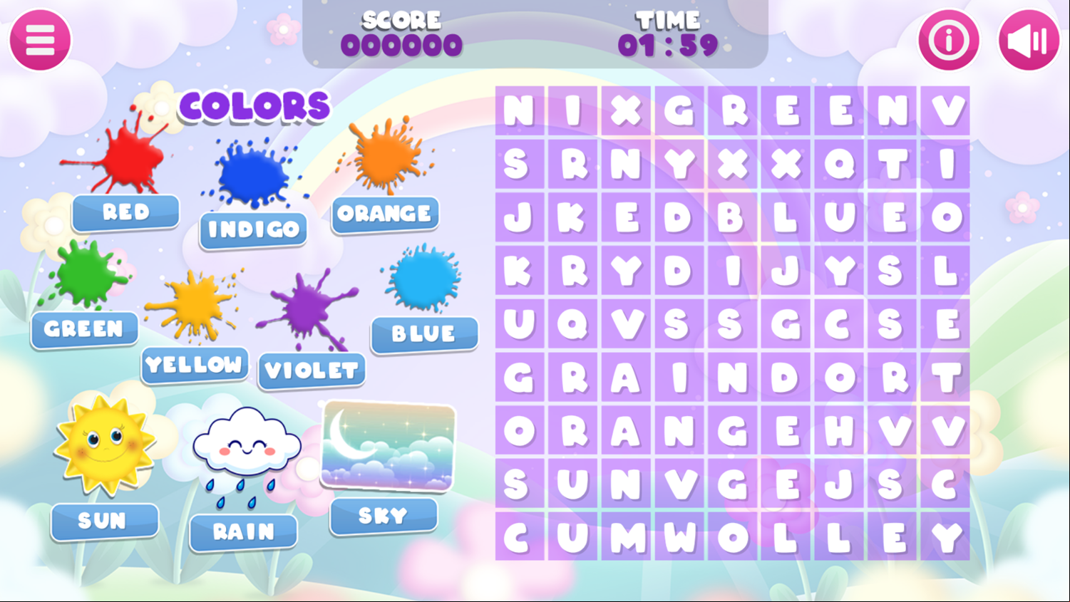 Rainbow Word Search Game Start Screenshot.