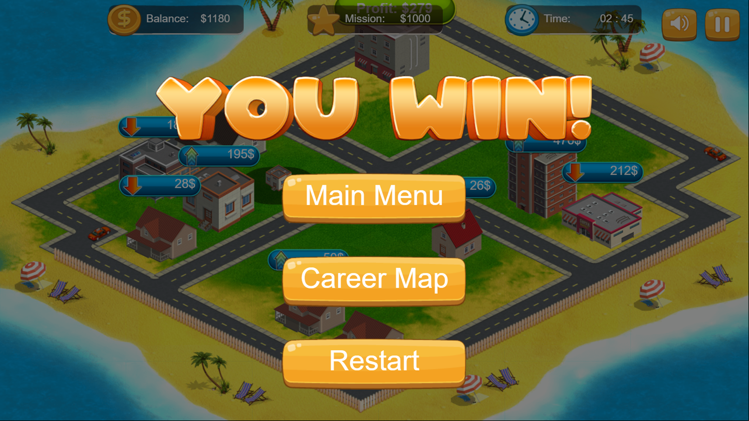 Real Estate Tycoon Game Stage Win Screenshot.