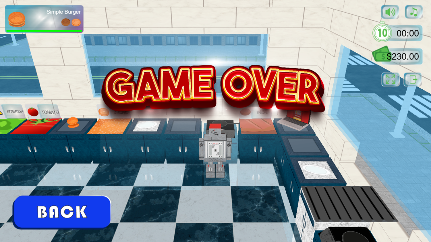 Robot's Kitchen Game Over Screenshot.