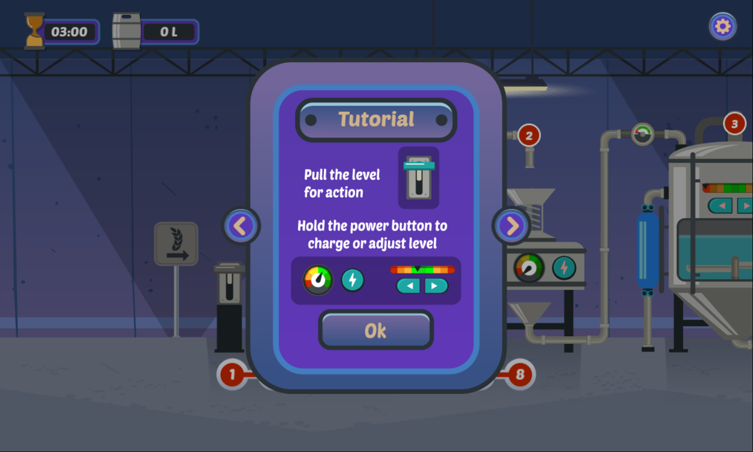 Run Brewery Game Tutorial Screen Levers and Buttons Information Screenshot.