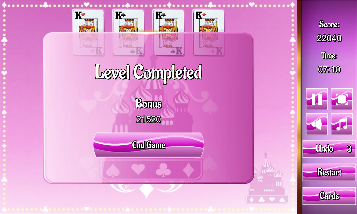 Russian Solitaire Game Level Completed Screen Screenshot.