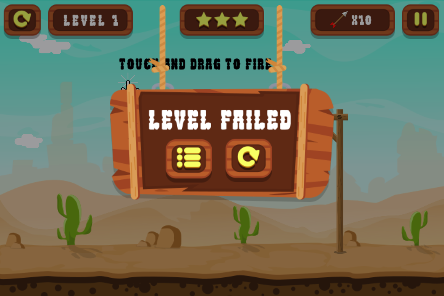 Save the Cowboy 2 Game Level Failed Screen Screenshot.