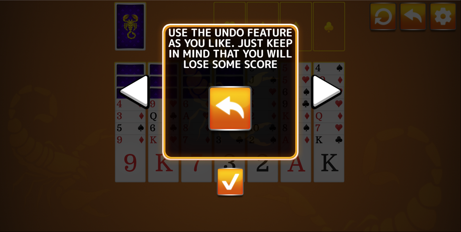 Scorpion Solitaire Game Undo Moves Information Screen Screenshot.