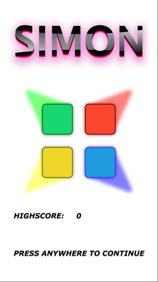 Simon Game Welcome Screen Screenshot.