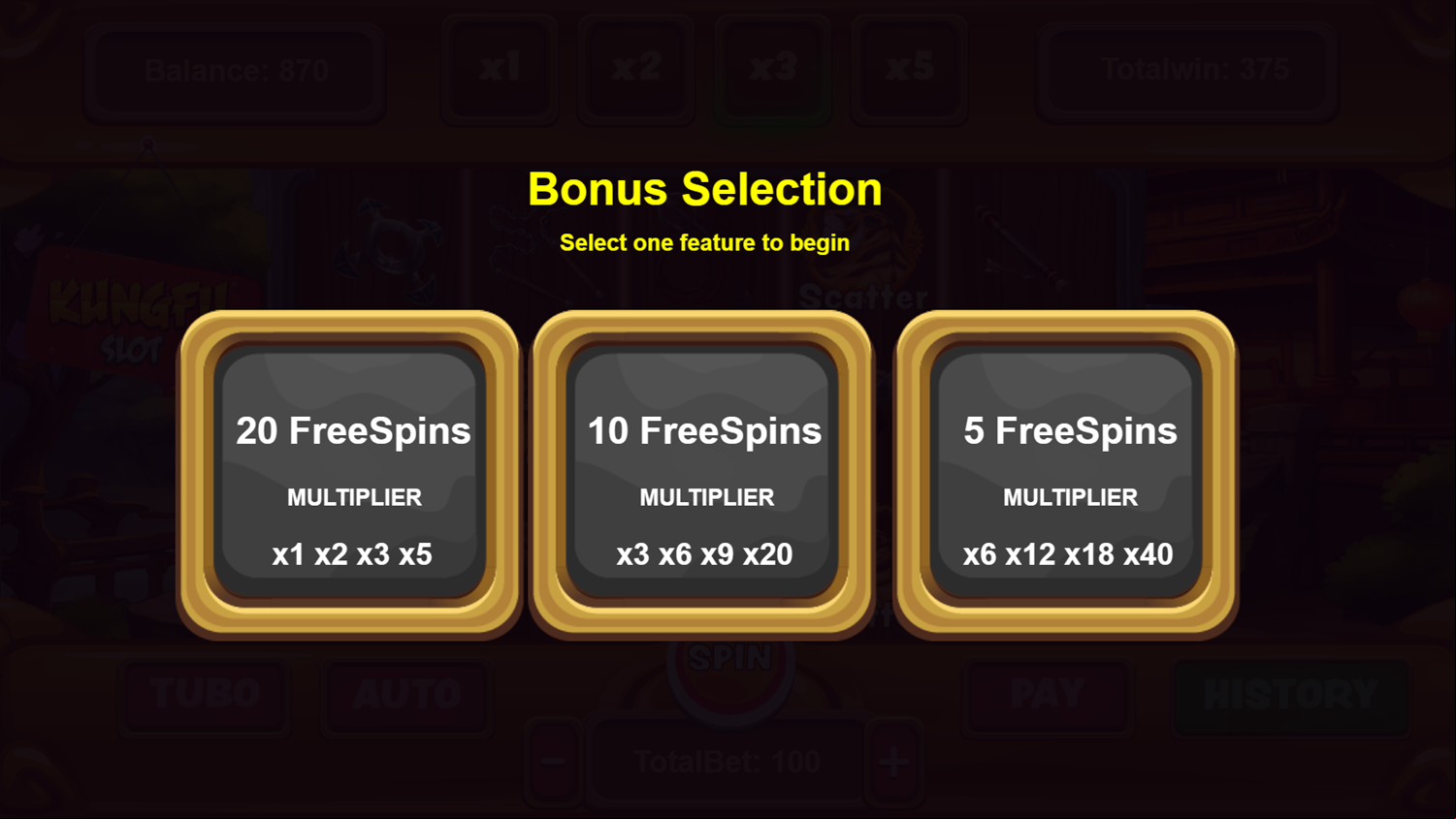 Slot Kungfu Game Bonus Selection Screenshot.