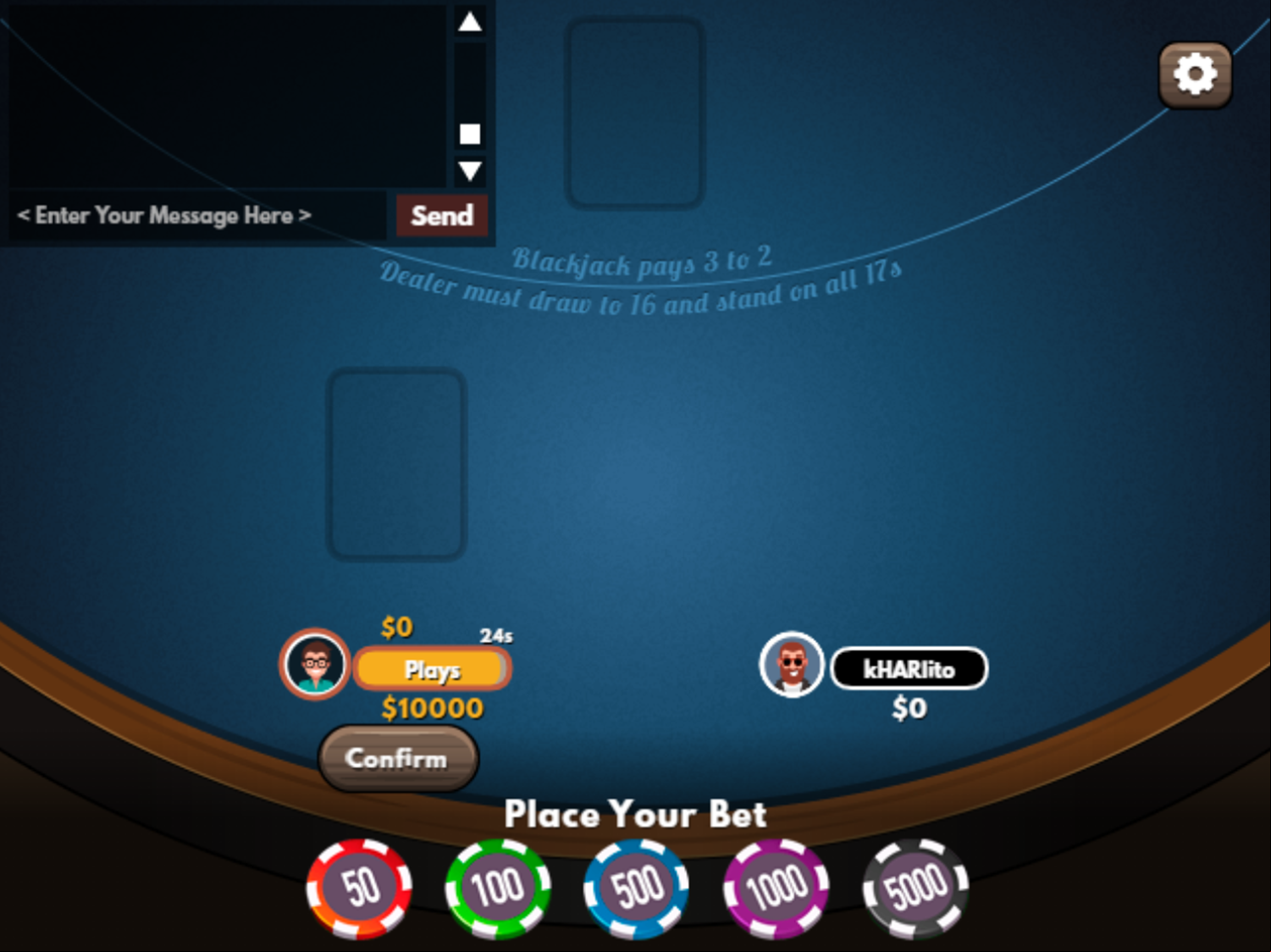 Social Blackjack Game Start Screenshot.