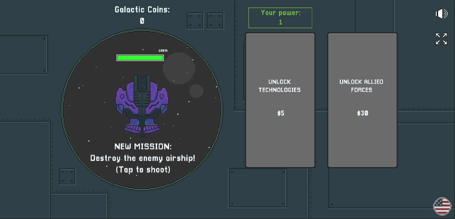Space Defense Idle Game Welcome Screen Screenshot.