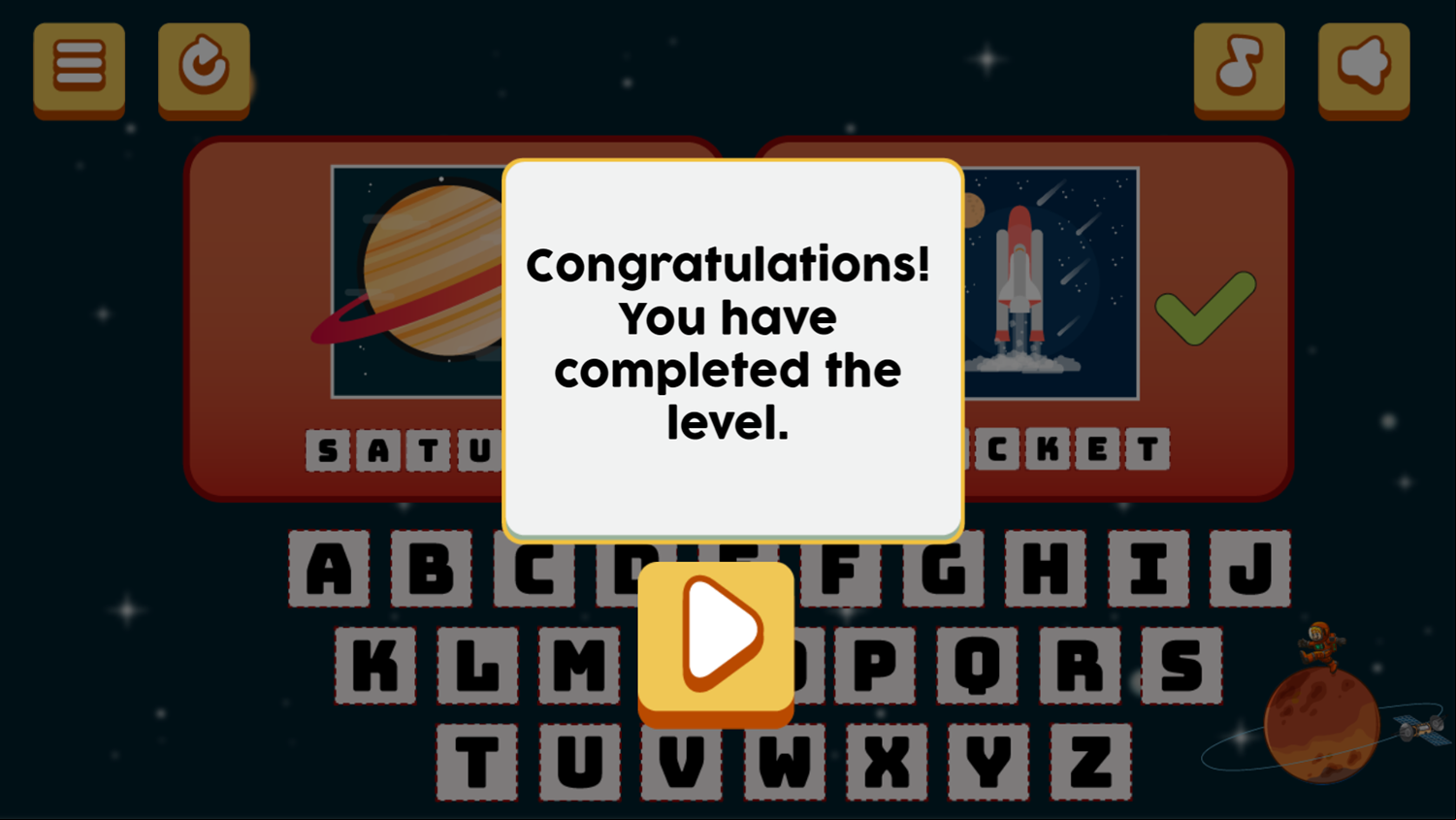 Space Odyssey Game Level Complete Screenshot.