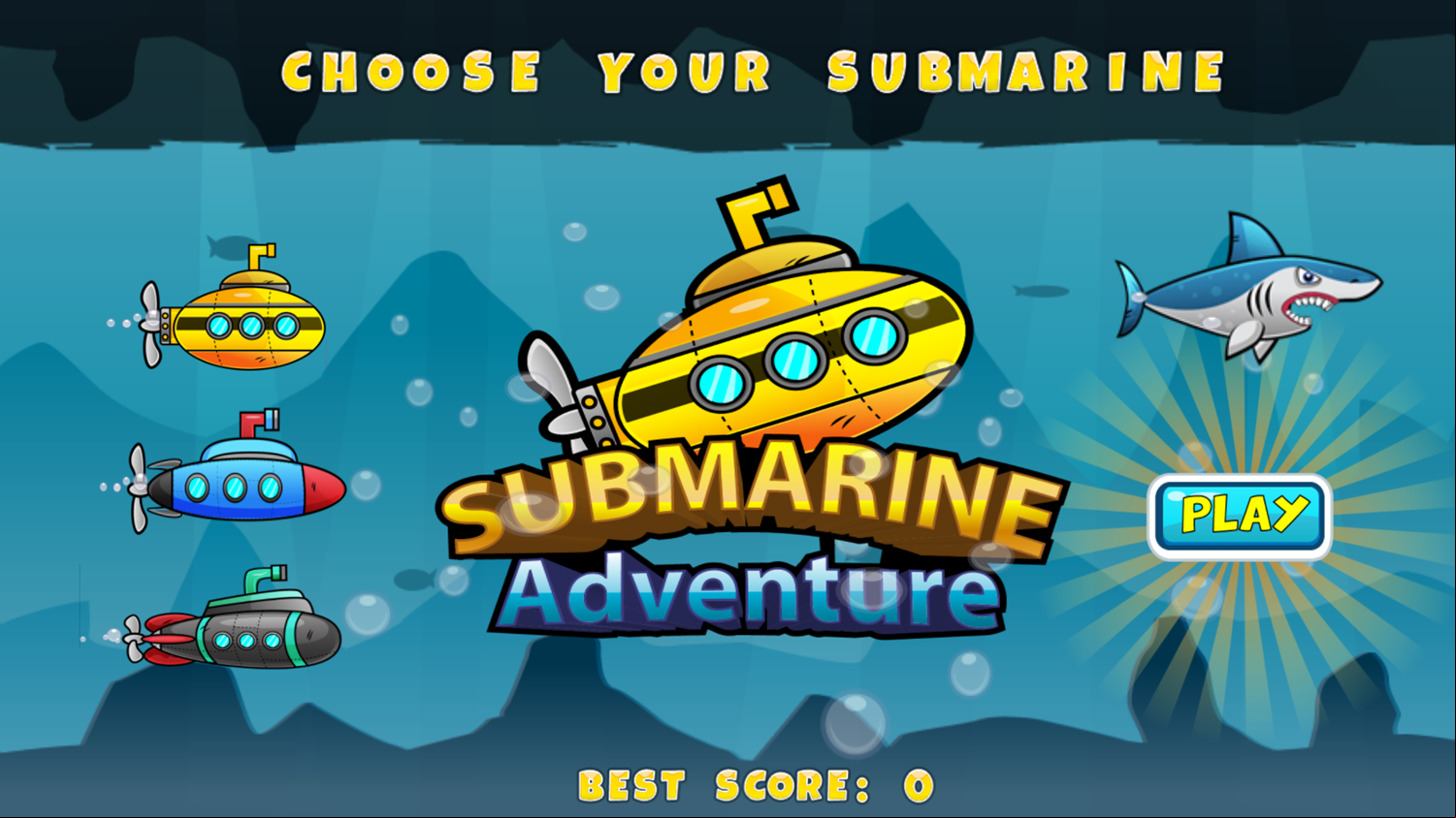 Submarine Adventure Game Welcome Screen Screenshot.