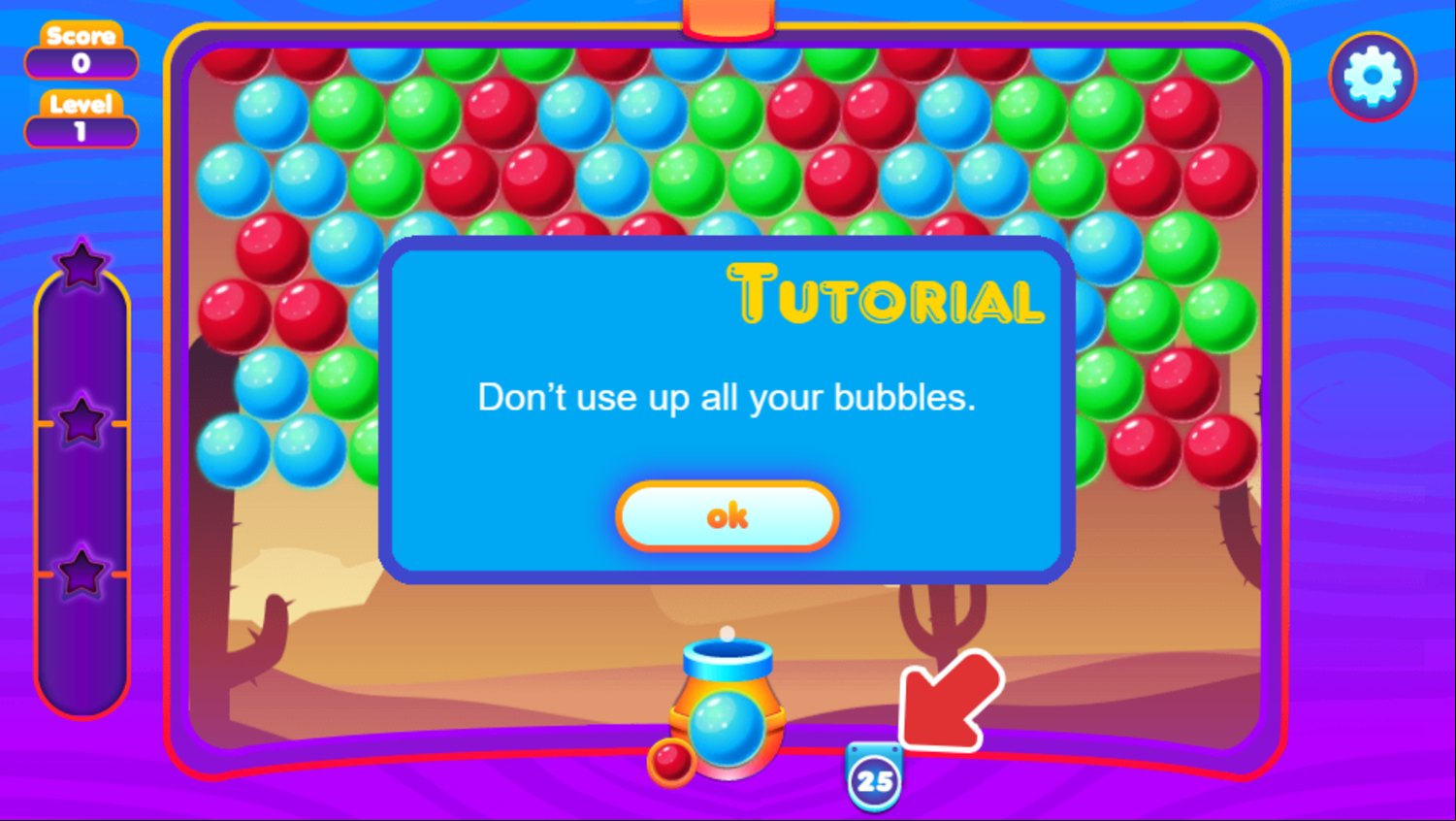 Super Bubble Shooter Game Don't Use All The Bubbles Tutorial Screen Screenshot.
