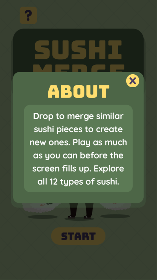 Sushi Merge Game About Welcome Screen Screenshot.