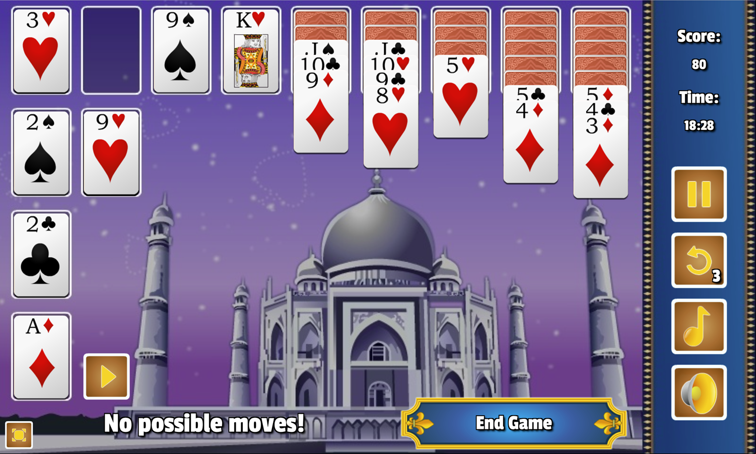 Taj Mahal Solitaire Game No Possible Moves Screenshot.