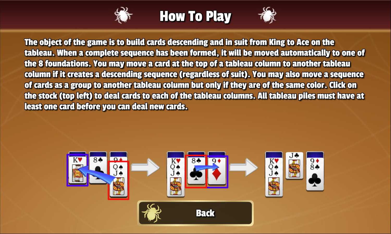 Tarantula Solitaire Game How to Play Screen Screenshot.