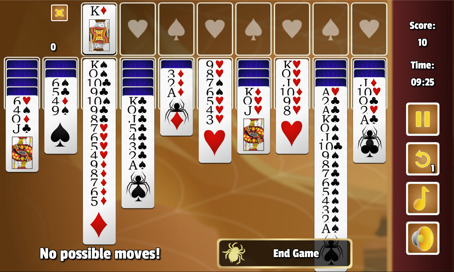 Tarantula Solitaire Game No Possible Moves Screen Screenshot.