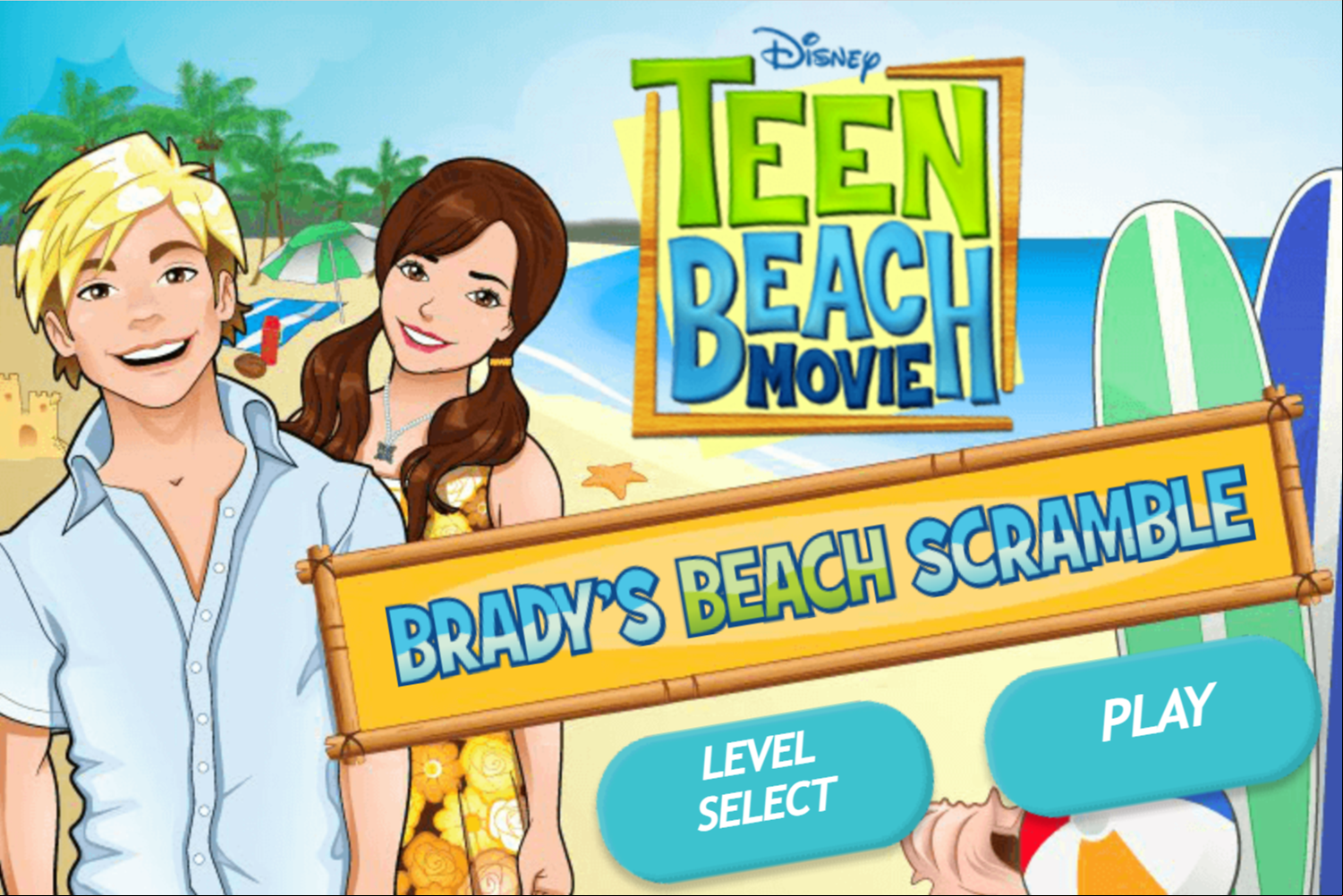 Teen Beach Movie Brady's Beach Scramble Game Welcome Screen Screenshot.