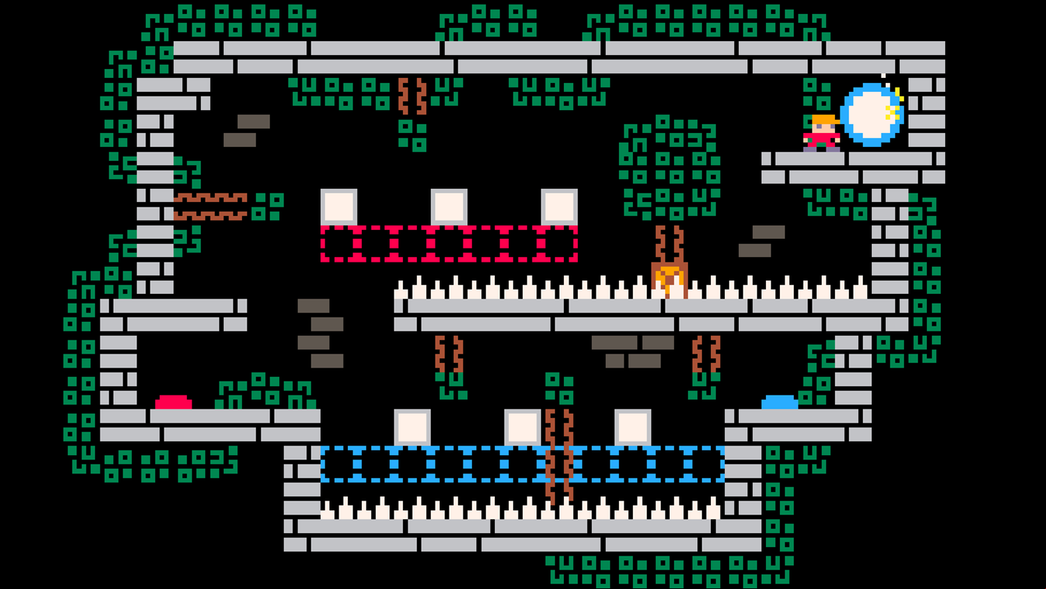 Tiny Crate Game Beating Level With Red, Blue, and White Platforms Screenshot.