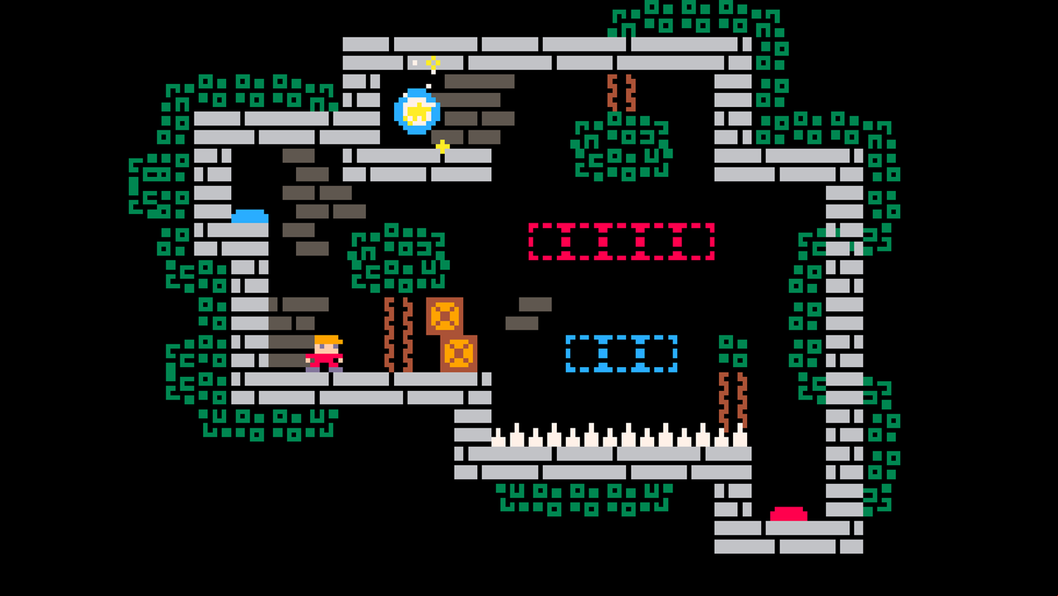 Tiny Crate Game Level With Vertical Blue and Red Platforms Screenshot.