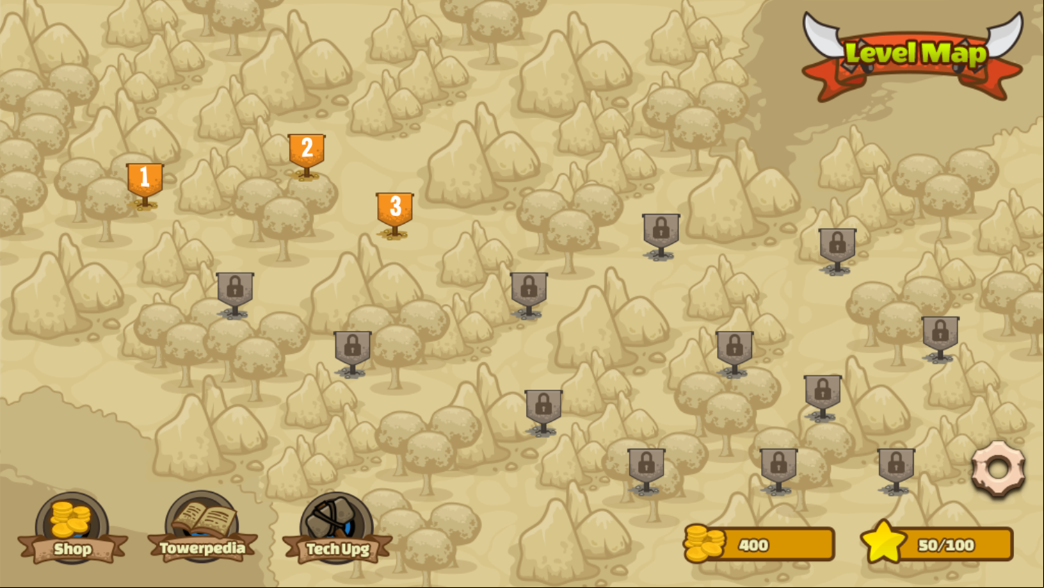 Tower Defense Game Level Select Screenshot.