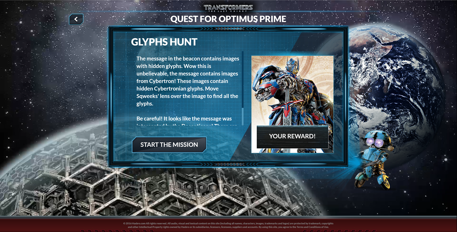 Transformers Quest for Optimus Prime Game Glyphs Hunt Instructions Screen Screenshot.