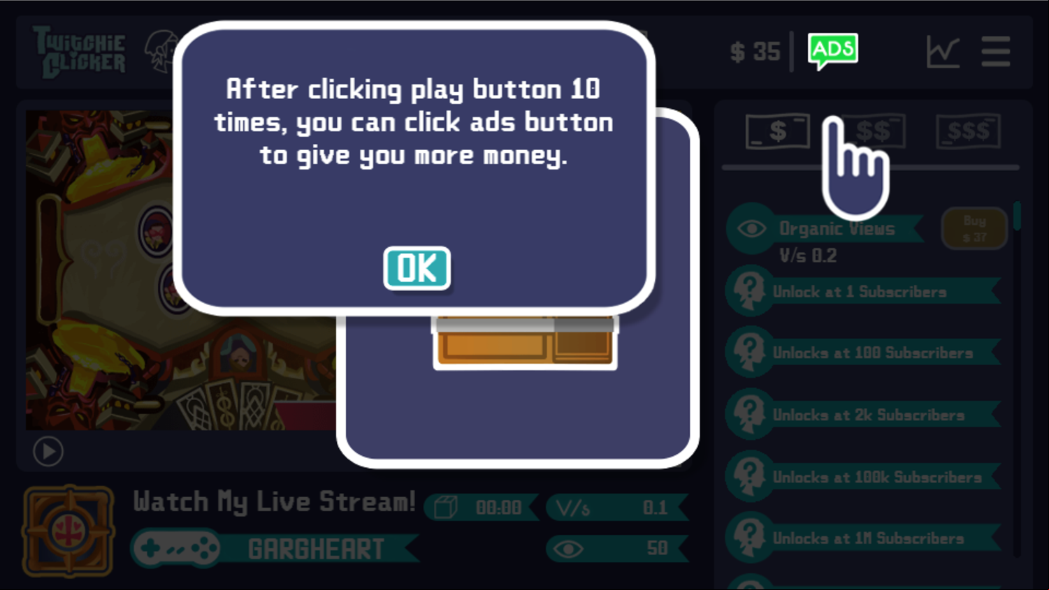 Twitchie Clicker Game Collect Extra Ad Income Information Screen Screenshot.